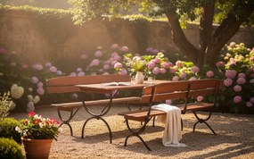 Zestaw składany drewniany stół i 2 ławki z oparciem N7-T32