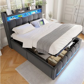 Łóżko z pojemnikiem 140x200 cm - Łóżko dla dorosłych z oświetleniem LED i ładowaniem USB - Zagłówek z półkami i schowkiem - Szary len