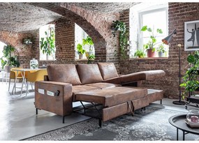 Brązowy narożnik rozkładany z imitacji skóry Miuform Lofty Lilly Vintage, prawostronny