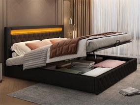 Łóżko z tapicerowanym zagłówkiem z ekoskóry z LED - 180x200cm - z stelażem na listwach - Czarny