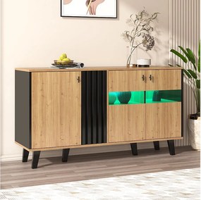 Bufet niski z LED - 3 drzwi i 6 komór - Naturalny i Czarny