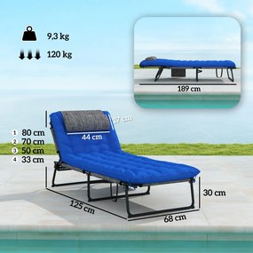 Outsunny Leżanka z 4-stopniową regulacją oparcia, poduszka, kieszeń boczna, zagłówek, 68 x 189 x 30 cm, Niebieski
