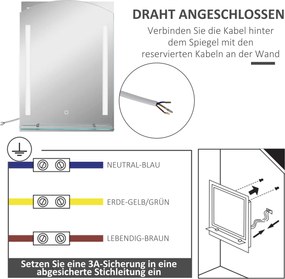 kleankin Lustro łazienkowe z oświetleniem LED, eleganckie i wysokiej jakości, szkło, aluminium, plastik, 50S x 12G x 70W cm