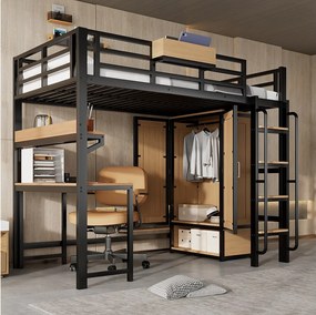 Łóżko piętrowe z żelaza - 90 x 200 cm - z szafą + schodami + biurkiem i półką - żelazo + płyta MDF - czarne + naturalne