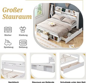 Łóżko dwuosobowe 180 x 200 cm z 5 szufladami, portem USB i wnękami do przechowywania - drewno sosnowe - kolor biały