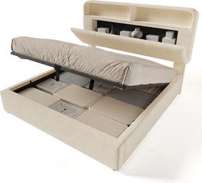 Łóżko z pojemnikiem 140 x 200 cm - Łóżko podwójne z oświetleniem LED i miejscem do przechowywania - welur beżowy - materac w zestawie