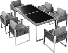 Zestaw mebli ogrodowych do jadalni dla 6 osób - 6 foteli - 1 stół - konstrukcja z ocynkowanej stali - z zdejmowanymi i pralnymi tkaninami - szary