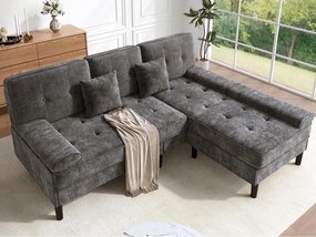 Kanapa narożna w kształcie litery L 3-osobowa - z 2 poduszkami - Odłączany puf - Tkanina chenille - Szary