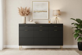 Komoda trzydrzwiowa Sentia 157 z trzema szufladami - czarny / złoty