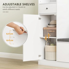 HOMCOM Szafa garderobiana 180 cm z wieszakiem, ławką na buty, 4 haczykami, otwartymi półkami, MDF, Biały