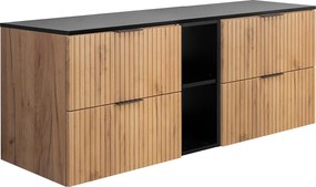 Szafka łazienkowa ryflowana FLOW 140 cm dąb z czarnym regałem i blatem