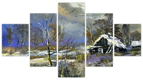 Obraz chaty w zimowym krajobrazie, obraz olejny (125x70 cm)
