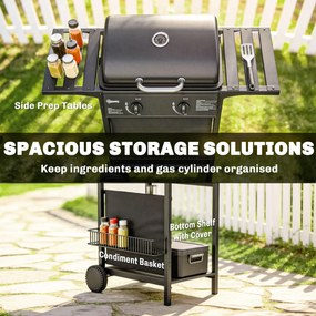 Outsunny Grill gazowy 5 kW, 2 palniki, BBQ Grill ze stali nierdzewnej z bocznymi stolikami, dolną półką, przednią osłoną i emaliowanym rusztem | Aosom PL