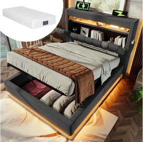 Łóżko tapicerowane ze schowkiem - 90 x 200 cm - zagłówek ze schowkiem z USB i Type-C - z diodami LED - z materacem - len - szary