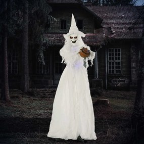Outsunny 189 cm Biała czarownica z głową dyni, dekoracja halloweenowa na zewnątrz w naturalnej wielkości | Aosom PL
