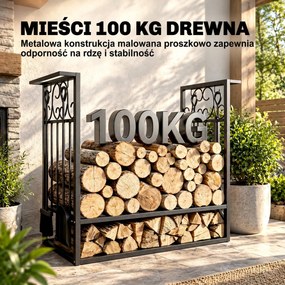Stojak na drewno kominkowe HOMCOM z akcesoriami, regał na drewno, podstawka na drewno kominkowe, narzędzia kominkowe, Stal Czarny 75 x 30 x 60 cm