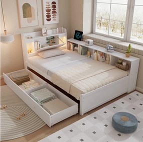 Łóżko dwuosobowe ze schowkiem - 90 x 200 cm - wezgłowie ze schowkiem + 2 światła - szafki boczne + szuflada - płyta wiórowa + MDF - biały