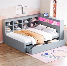 Łóżko dla dorosłych 140 x 200 cm – z zagłówkiem ze schowkiem, szufladami i półkami – szare