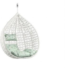 Białe wiszące krzesło KOKON bez stojaka, jasnozielona poduszka ze wzorem