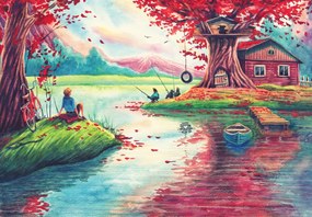 Fototapeta - Akwarela, zatoka w górskiej wiosce (196x136 cm)