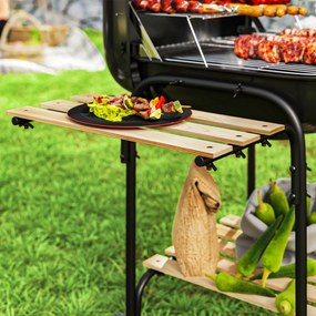 Outsunny Grill węglowy ze stali, przenośny, z zamykaną pokrywą, rusztem, kółkami i półkami, 98 x 54 x 91 cm, czarny | Aosom PL
