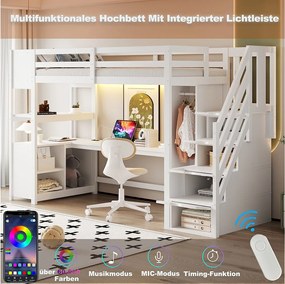 Łóżko piętrowe dla dzieci drewniane - 90 x 200 cm - z szafą + biurkiem + szafką + półką + drabinką + diodami LED - białe