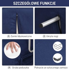 HOMCOM Sofa do Spania, 5-stopniowa Regulacja, Imitacja Zamszu, Rama Metalowa, w zestawie Poduszki, Granatowa
