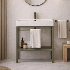 Zestaw umywalka z konglomeratu NAVI 100 x 45 cm + stojąca konsola NAVI Step | Różne kolory | Różne rozmiary : Kolor - Oliwkowy, Otwór na baterię - Bez otworów, Rozmiar - 70 x 45 cm