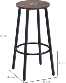 HOMCOM Zestaw krzeseł barowych w designie przemysłowym, rama metalowa, podparcie dla stóp, 42 x 42 x 65 cm