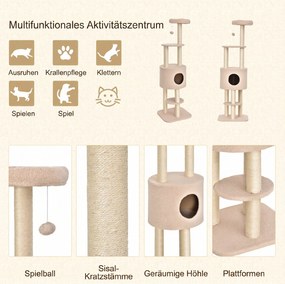 PawHut Drapak 148 cm wysokości drzewko dla kota z kryjówką, 4 zabawki, słupki sizalowe, duża platforma, wielopoziomowy dla kotów do 5 kg | Aosom PL