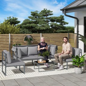 Outsunny Zestaw mebli zewnętrznych, sofa 3-osobowa z baldachimem, 2 krzesła, stolik kawowy z blatem szklanym, 12 poduszek, stalowa rama, Szary
