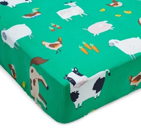 Zielone prześcieradło dziecięce dwuosobowe z gumką 135x190 cm Farmyard Animals – Catherine Lansfield