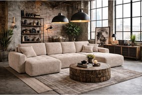 Narożnik w kształcie U z funkcją spania i pojemnikiem Ivo U, tkanina sztruksowa Poso, Beżowy