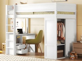 Łóżko mezzanine 90x200cm - wielofunkcyjne łóżko dziecięce - wyposażone w szafę i biurko - z litego drewna sosnowego - Białe