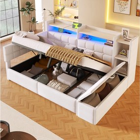 Łóżko z pojemnikiem 140 x 200 cm, z półką, ławką ze schowkiem, oświetleniem LED, USB i gniazdem typu C - aksamit i płyta MDF - białe (materac nie jest dołączony)