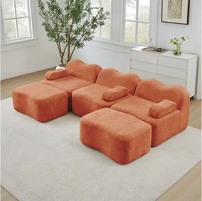 Canapé d'angle panoramique en velours, avec 2 pouf et coussin d'accoudoir, 288x167x70cm, Orange