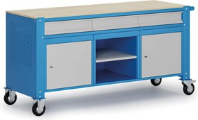 Mobilny stół warsztatowy G9, 1 półka, 2 szafki, 3 szuflady, 1690 x 595 x 865-1130 mm, szary/niebieski
