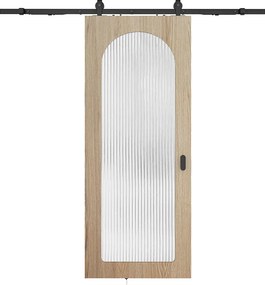 Przesuwne drzwi z systemem naściennym z drewna i MDF - naturalne jasne łuki i szkło hartowane ryflowane - W205 x S63 cm - ODEZA