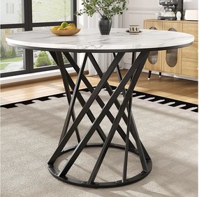 Okrągły stół jadalny - nogi metalowe - okleina z wzorem marmuru - dla 2 do 4 osób - MDF - Biały & Czarny