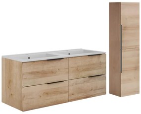 Szafka łazienkowa wisząca  z umywalką do zabudowy i kolumną - Jasny naturalny - 120 cm - NISAYA