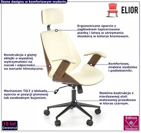 Designerski obrotowy fotel tapicerowany orzech + kremowy - Adler