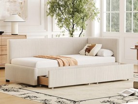 Łóżko tapicerowane 90x200cm z weluru - 2 szuflady - z stelażem na listwy - Beżowe