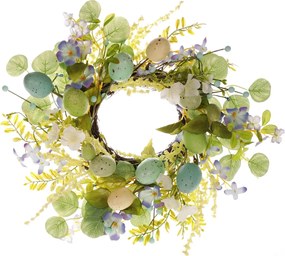 Wielkanocny wieniec z kwiatami i jajkami, zielony, śr. 35 cm