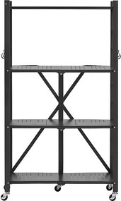 Półka Składana SucceBuy 4-Poziomowy Regał Składany, 66 x 33 x 117 cm, Wytrzymały Metal, z 5 Kółkami i 4 Haczykami, do Kuchni, Garażu, Spiżarni, Piwnicy, Czarny