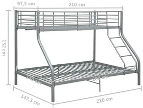 Szare metalowe wspólne łóżko piętrowe dla rodzeństwa 140x200 cm/90x200 cm - Ordi