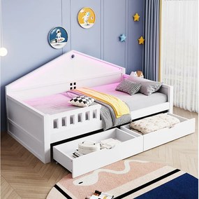 Łóżko pojedyncze dla dzieci - 90 x 200 cm - z oświetleniem LED + 2 szuflady + stelaż - drewno + płyta MDF - białe