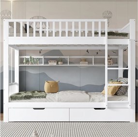 Łóżka piętrowe dla dzieci - 2 x 90 x 200 cm - z barierką zabezpieczającą + półki + 2 szuflady - płyta MDF - biały