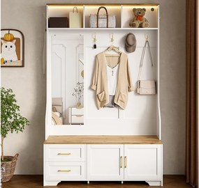 Zestaw na ubrania do przedpokoju 120x40x187 cm - Lustro i wieszaki - z LED - Szafa na buty - Biały + Naturalny