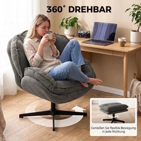 HOMCOM Fotel z regulowanym podnóżkiem, obracany 360°, tapicerka chenille, grube wypełnienie, szary | Aosom PL