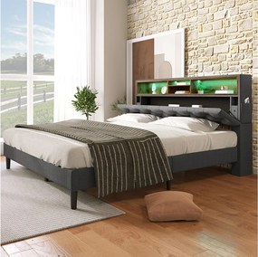 Łóżko dla dorosłych 140 x 200 cm – łóżko podwójne z zagłówkiem z funkcją ładowania USB i schowkiem – szare – bez materaca